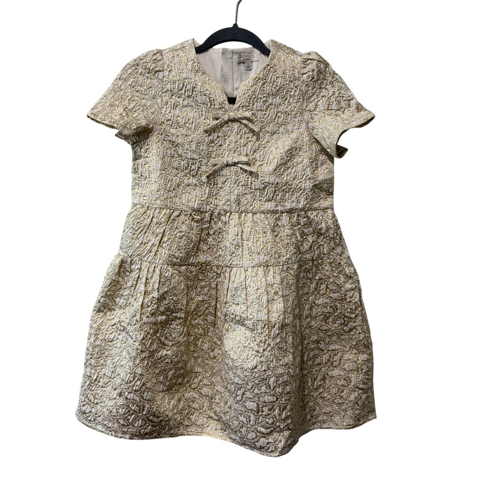 Crewcuts Collection Puff Sleeve Dress 12 Gold Metallic Leopard Jacquard Bow